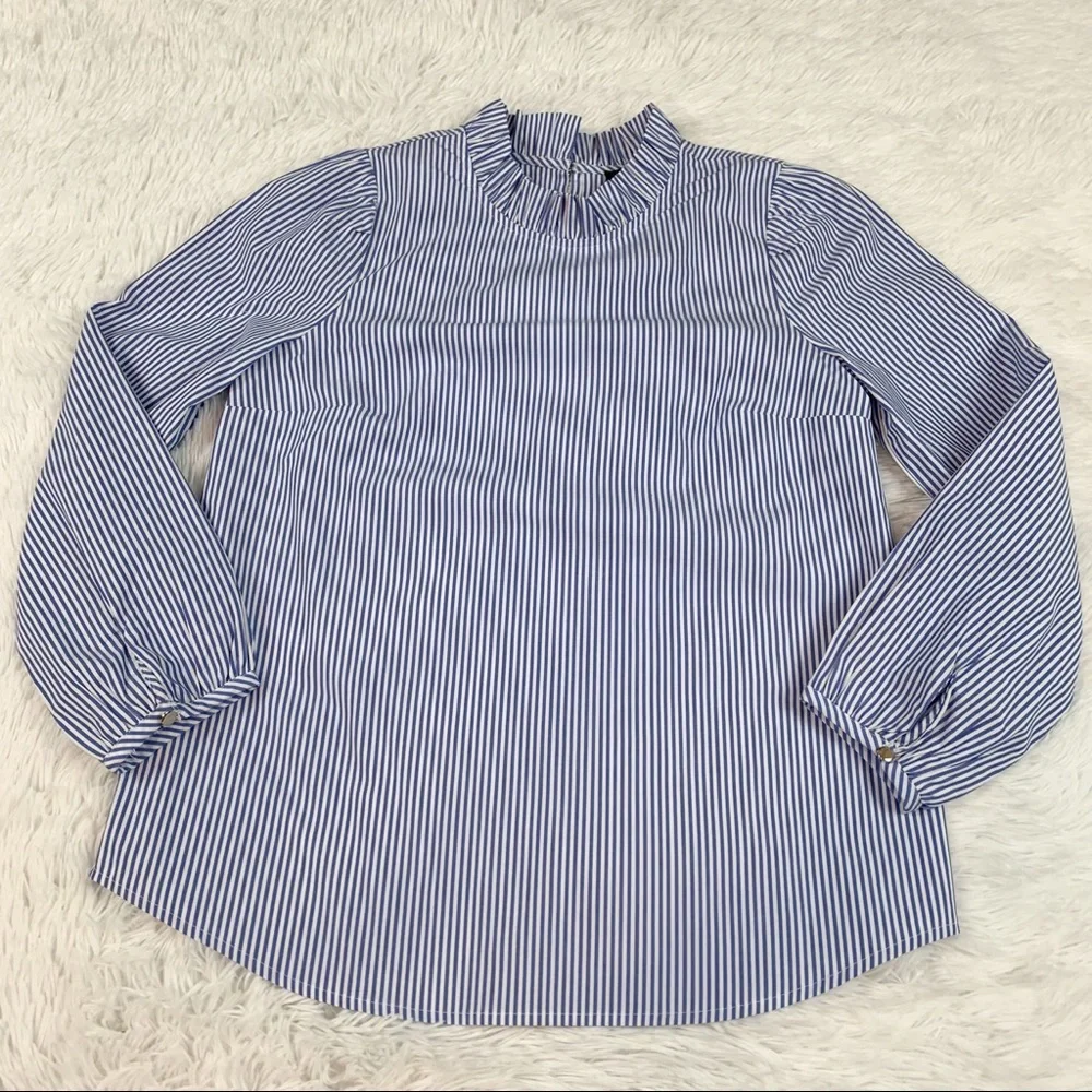 J Crew Long-sleeve ruffleneck top in stripe‎ high neck puff sleeves